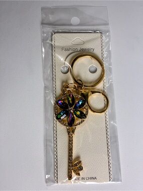 Gold Key Charm Keychain Iridescent Multicolor Crystal Flower New Without Tags